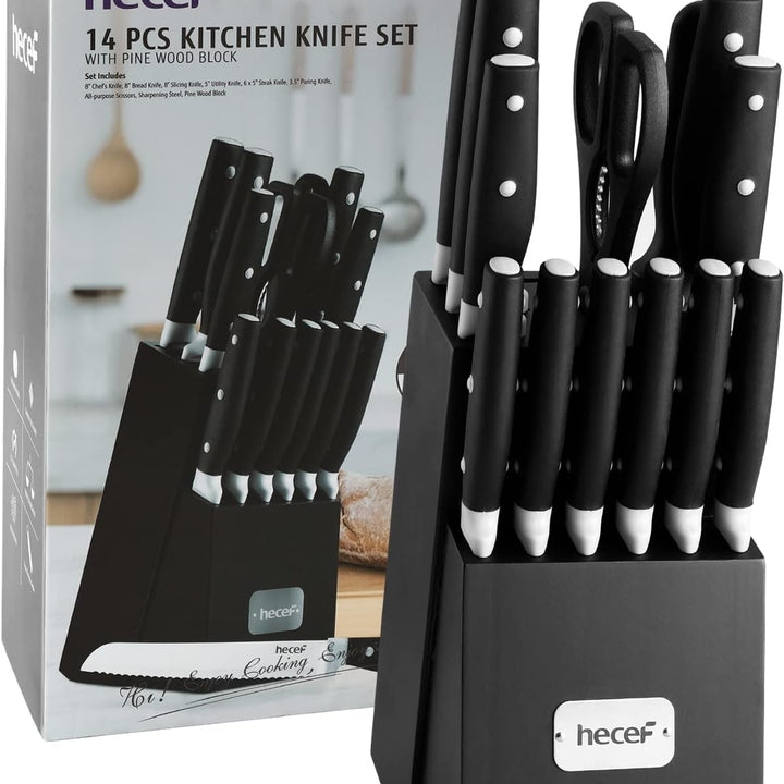 hecef Kitchen Knife Block Set 14 Pieces Knife Set with Wooden Block and Sharpener Steel Image 3