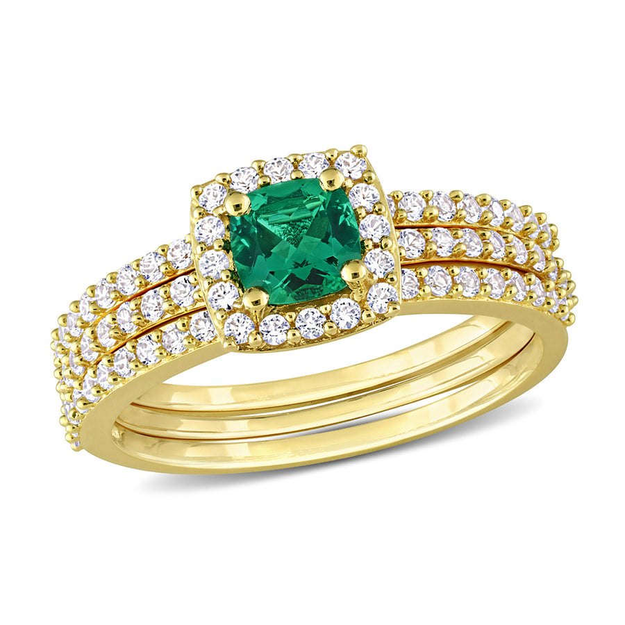 1.50 Carat (ctw) Lab-Created Emerald and White Sapphire Bridal Wedding Ring Set Sterling Silver Image 1