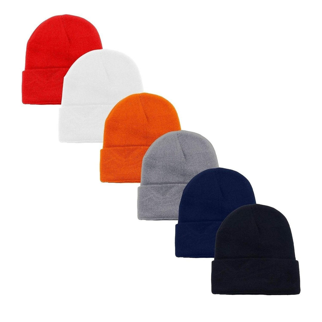 12 Pack Plain Long Cuffed Mens Beanies Skullies Multipack Bulk Image 4