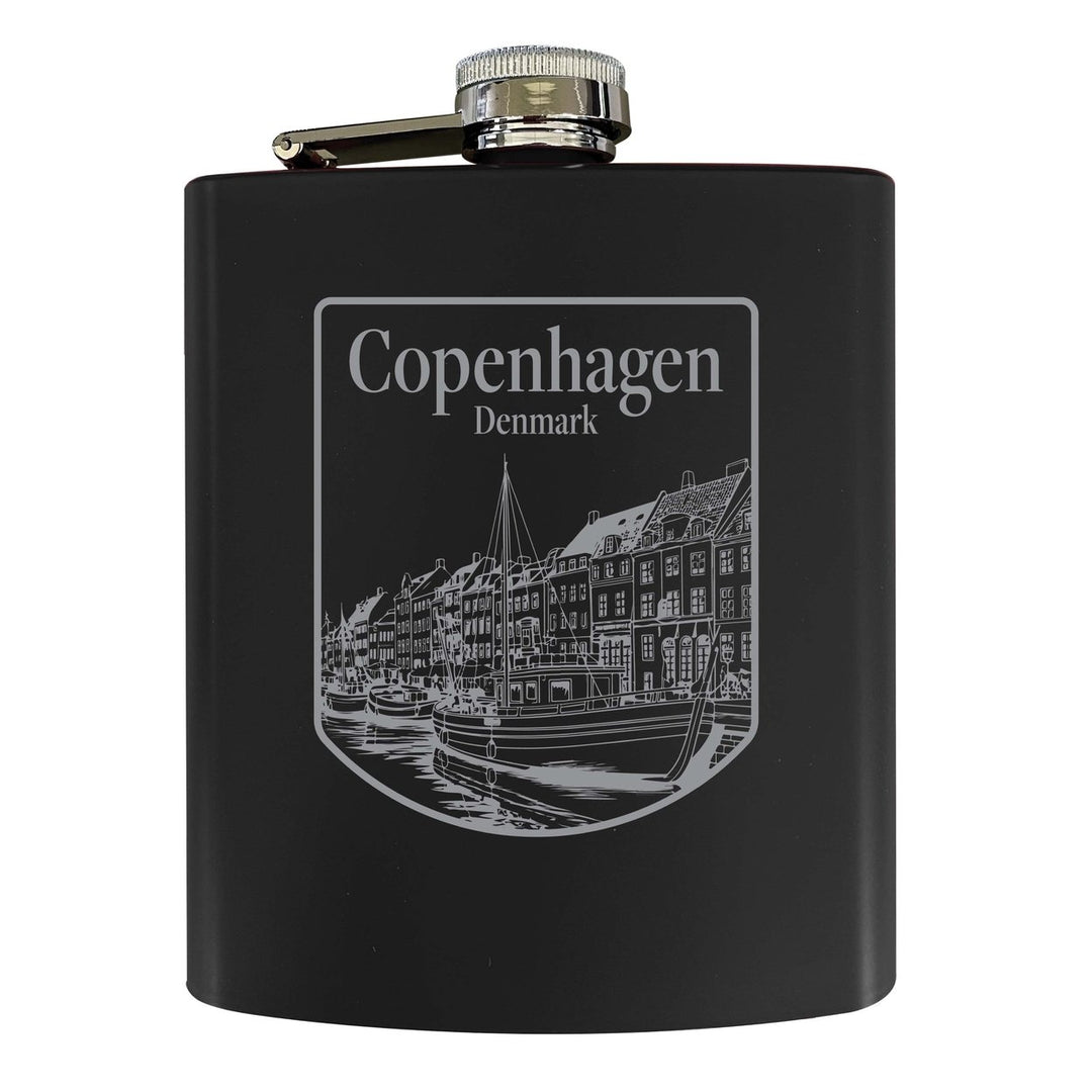 Copenhagen Denmark Souvenir 7 oz Engraved Steel Flask Matte Finish Image 1