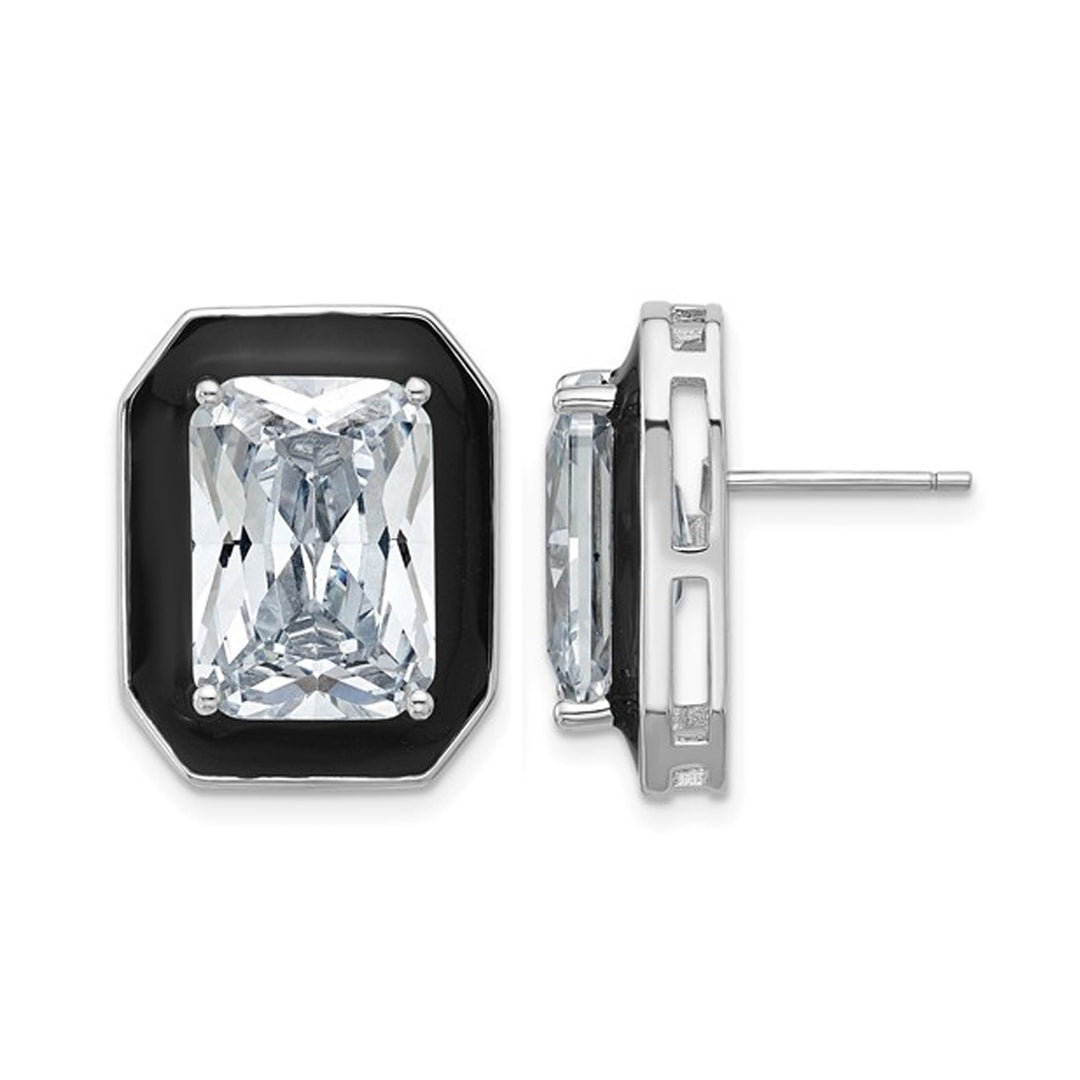 Synthetic Cubic Zirconia (CZ) Emerald-Cut Earrings in Sterling Silver with Black Enamel Image 1