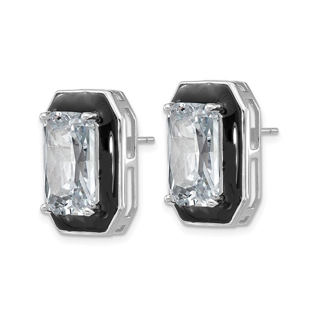 Synthetic Cubic Zirconia (CZ) Emerald-Cut Earrings in Sterling Silver with Black Enamel Image 4