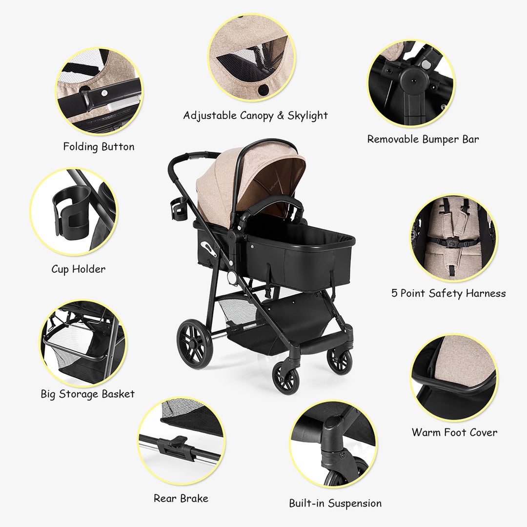 2 In1 Foldable Baby Stroller Kids Travel Newborn Infant Buggy Pushchair Coffee Image 4