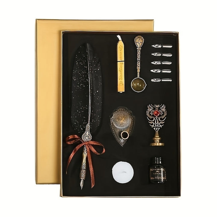 Vintage Quill Pen and Ink Set Stationery Gift Box with Wax Seal Stamp Image 1