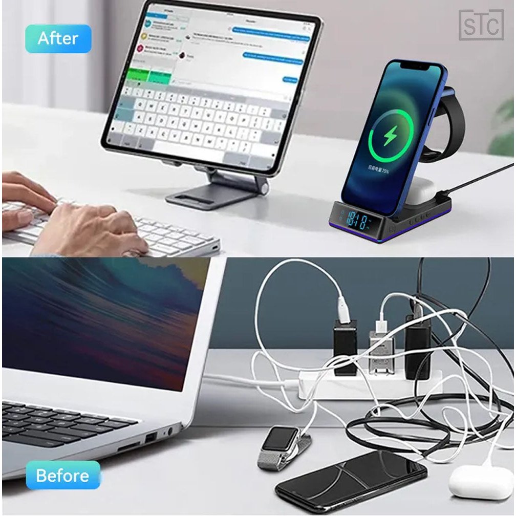 3 in 1 Wireless Charger with Clock/Alarm and Night Light 15W Fast Charging Station Compatible with iPhone AirPods and Image 4