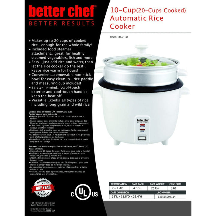 Better Chef 10-Cup - 20-Cup Cooked - Non-Stick Rice Cooker with Steamer Attachment Image 4