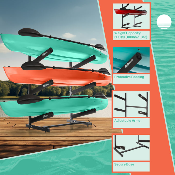 Kayak Storage Rack - 3-Level Freestanding Adjustable Stand with Padded Arms and 300lb Capacity for Canoes SUP or Image 4