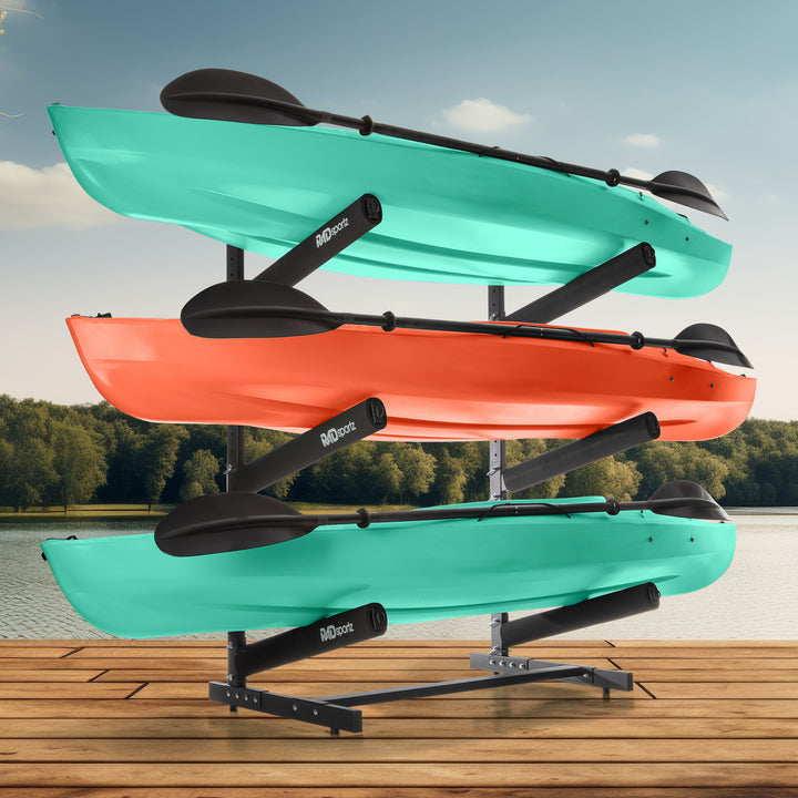 Kayak Storage Rack - 3-Level Freestanding Adjustable Stand with Padded Arms and 300lb Capacity for Canoes SUP or Image 6