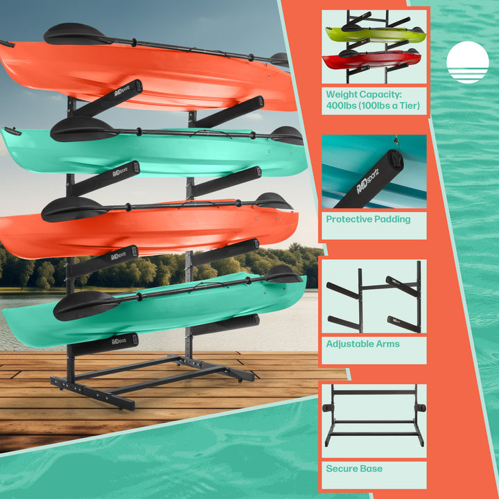 Kayak Storage Rack - 4-Level Freestanding Adjustable Stand with Padded Arms and 400lb Capacity for Canoes SUP or Image 3