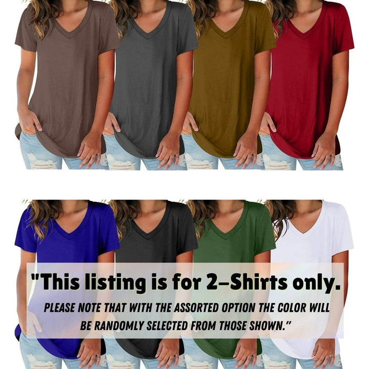 2-Pack Womens Ultra Soft Smooth Cotton Blend Basic V-Neck Short Sleeve Shirts (Plus Size Available) Image 1