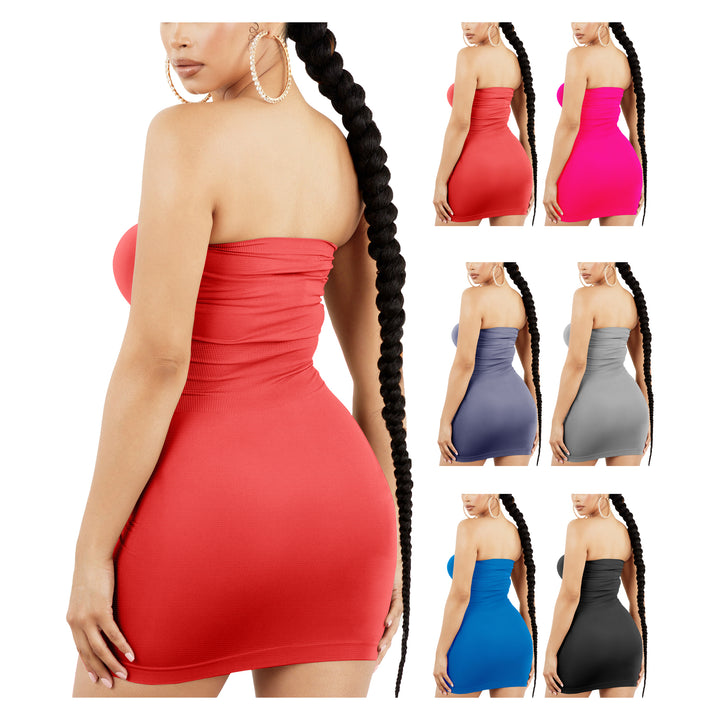 2-Pack Women Strapless Stretchy Tight Fit Seamless Body Con Mini Tube Top Dress Image 4