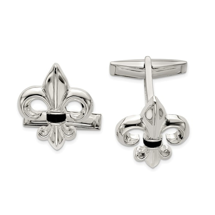 Mens Fleur De Lys Cuff Links in Sterling Silver with Black Onyx Image 1