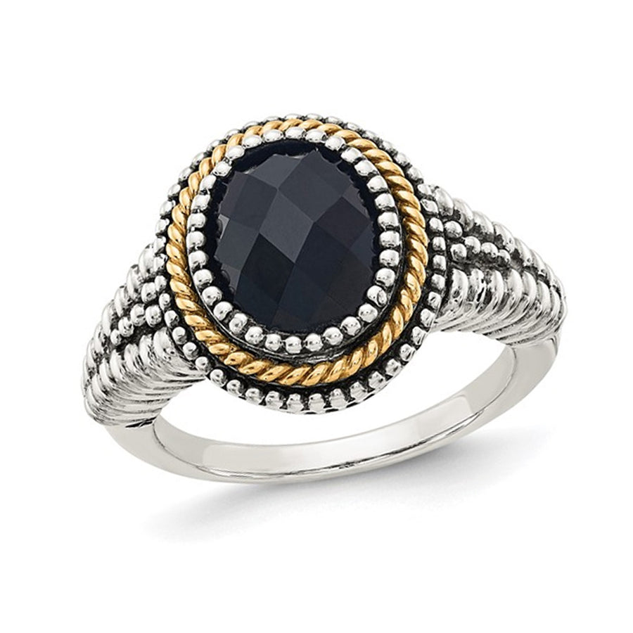 CheckerBoard Cut Black Onyx Ring in Antiqued Sterling Silver with 14K Gold Accent Image 1