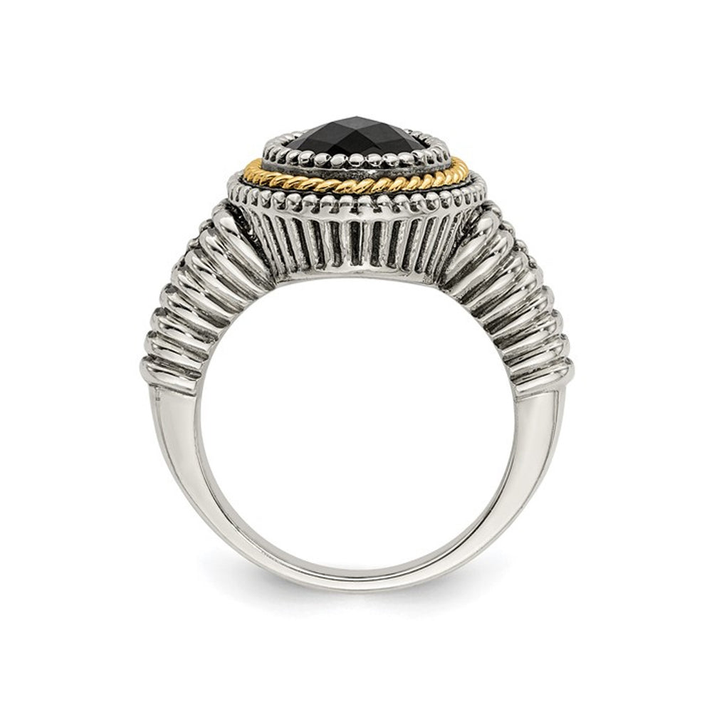 CheckerBoard Cut Black Onyx Ring in Antiqued Sterling Silver with 14K Gold Accent Image 2