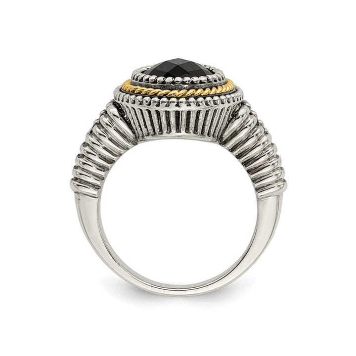 CheckerBoard Cut Black Onyx Ring in Antiqued Sterling Silver with 14K Gold Accent Image 2