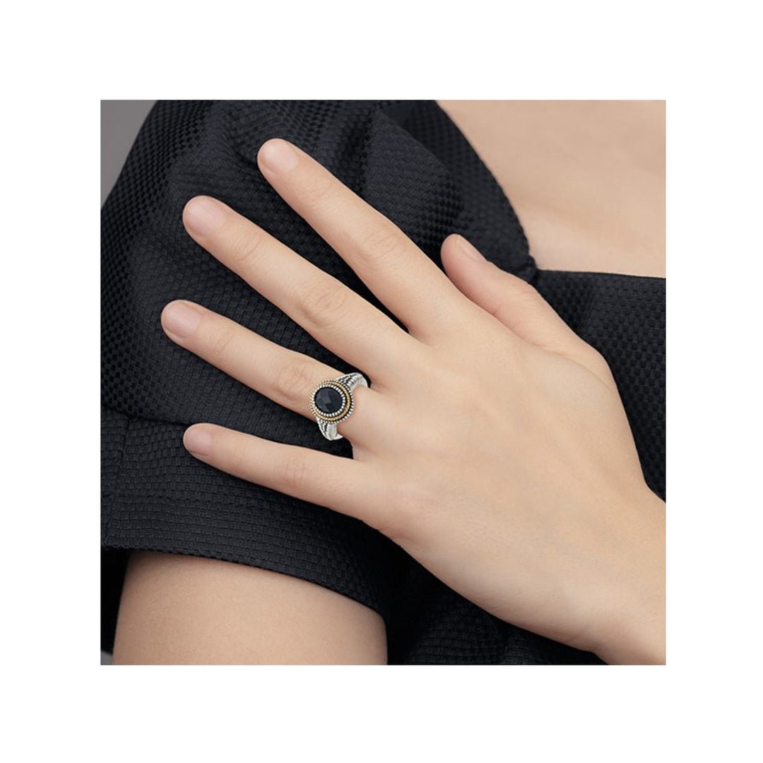CheckerBoard Cut Black Onyx Ring in Antiqued Sterling Silver with 14K Gold Accent Image 3