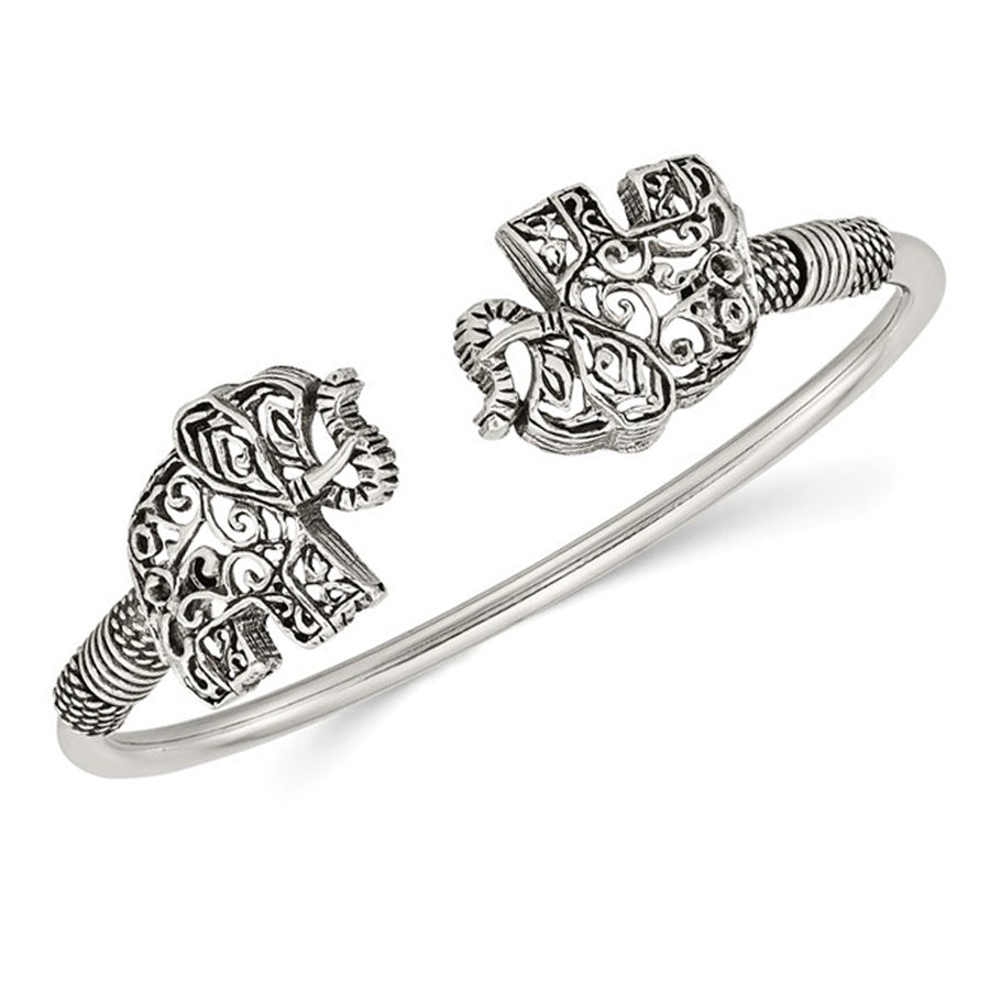 Stering Silver Antiqued Filigree Elephants Flexible Bangle Bracelet Image 1