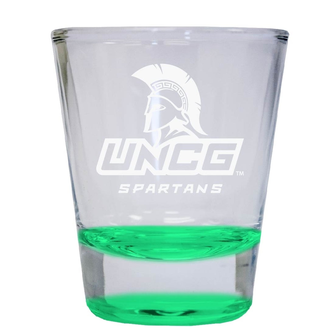 North Carolina Greensboro Spartans 2 oz Engraved Shot Glass Round Officially Licensed Collegiate Product Image 2