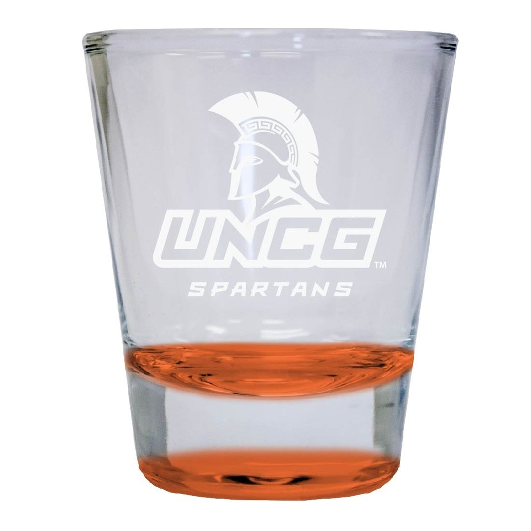 North Carolina Greensboro Spartans 2 oz Engraved Shot Glass Round Officially Licensed Collegiate Product Image 3