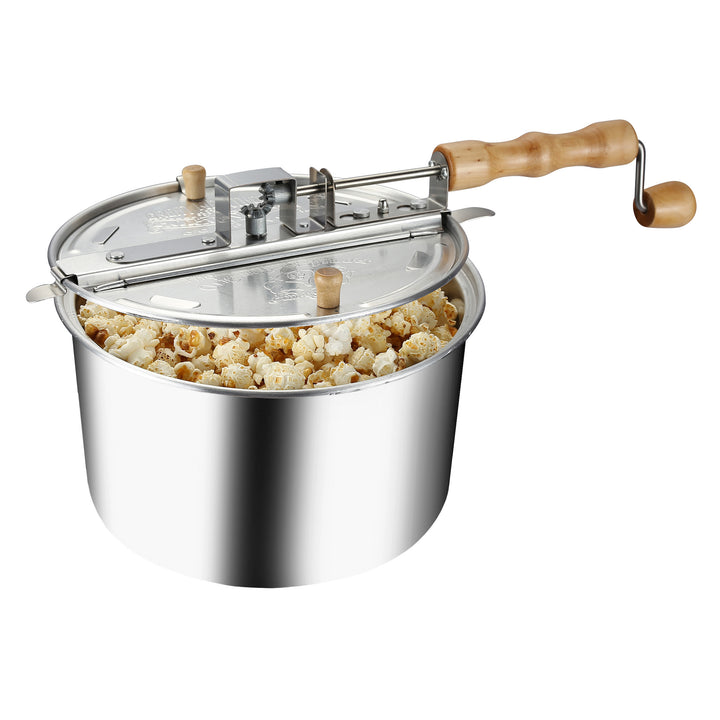 Aluminum 6 Quart Stovetop Popcorn Maker Silver with Stirring Handle and Lid Image 1