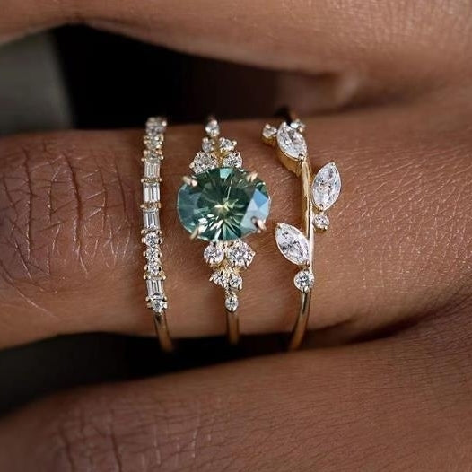 Elegant Flower Ring with Horse Eye Set Engagement Ring SetThree Piece Ring Set Image 1