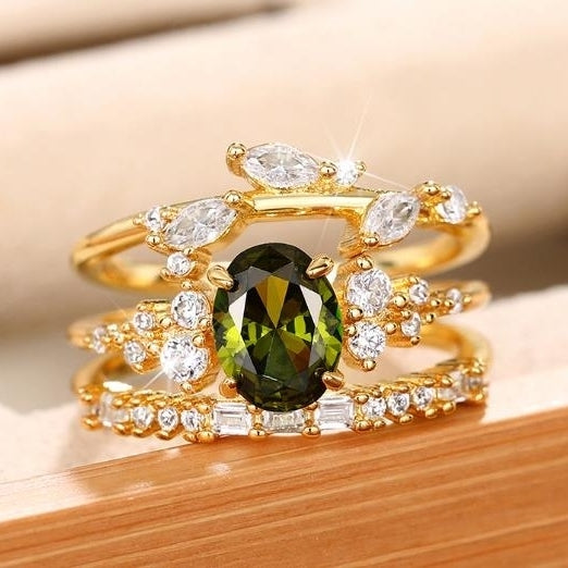 Elegant Flower Ring with Horse Eye Set Engagement Ring SetThree Piece Ring Set Image 2