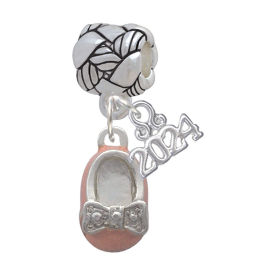 Delight Jewelry Silvertone Enamel Baby Shoe with Bow Woven Rope Charm Bead Dangle with Year 2024 Image 1