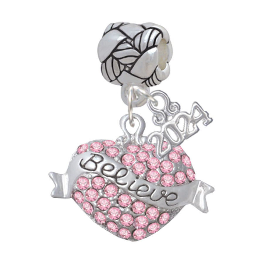 Delight Jewelry Silvertone Believe Banner on Crystal Heart Woven Rope Charm Bead Dangle with Year 2024 Image 1