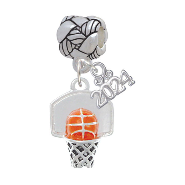 Delight Jewelry Silvertone 3-D Enamel Basketball in Hoop Woven Rope Charm Bead Dangle with Year 2024 Image 1