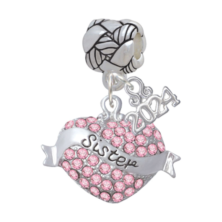 Delight Jewelry Silvertone Sister Banner on Crystal Heart Woven Rope Charm Bead Dangle with Year 2024 Image 1