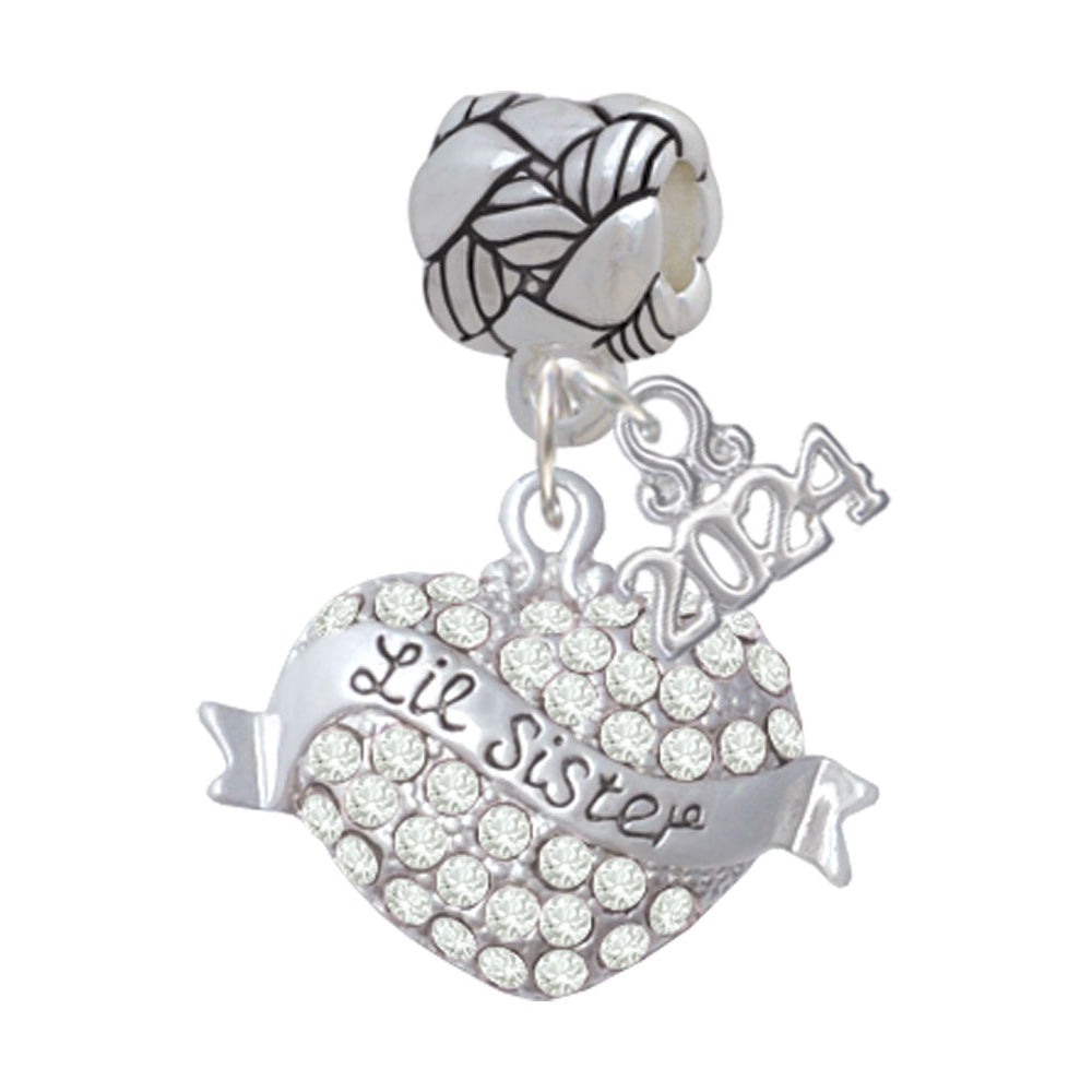 Delight Jewelry Silvertone Lil Sister Banner on Crystal Heart Woven Rope Charm Bead Dangle with Year 2024 Image 1