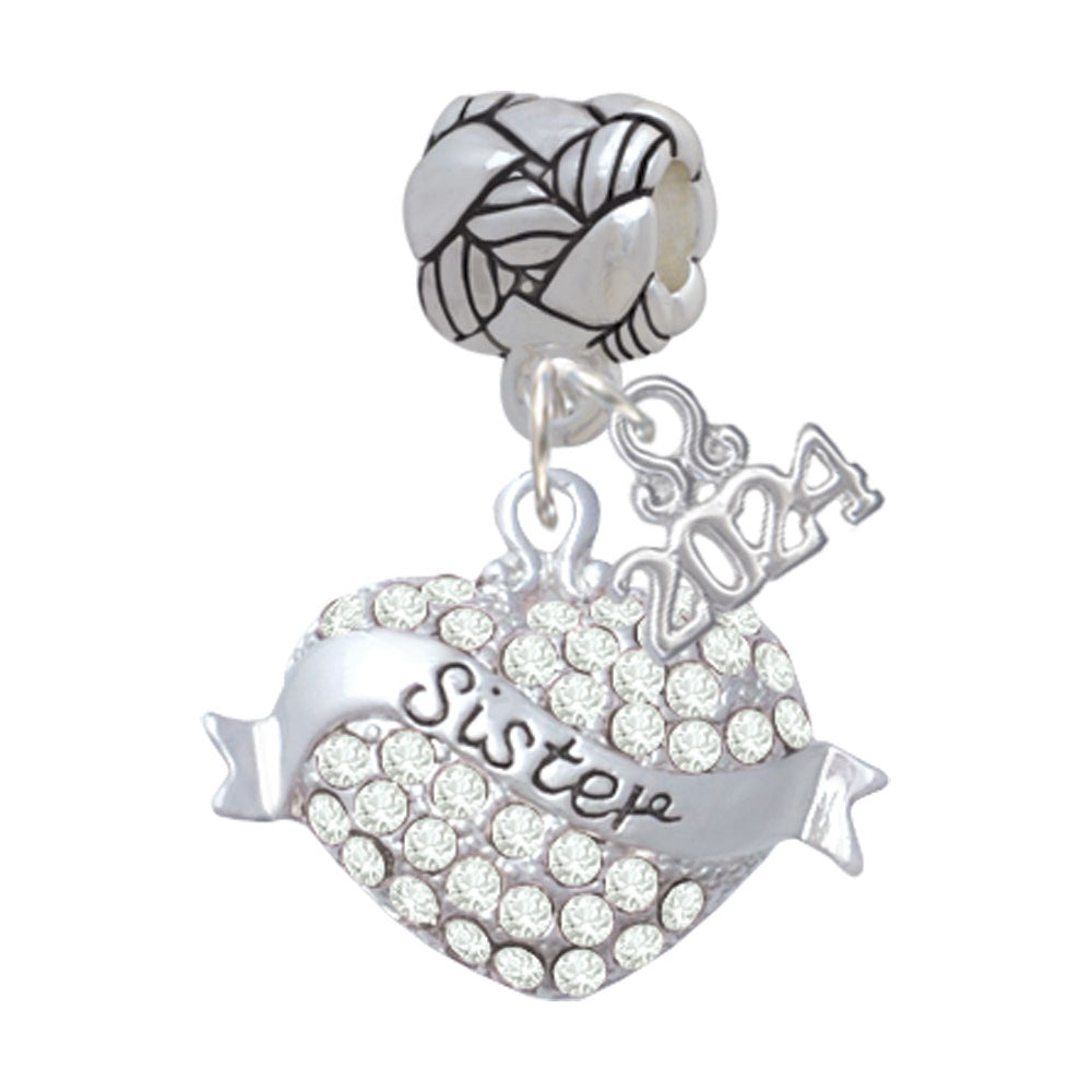 Delight Jewelry Silvertone Sister Banner on Crystal Heart Woven Rope Charm Bead Dangle with Year 2024 Image 1