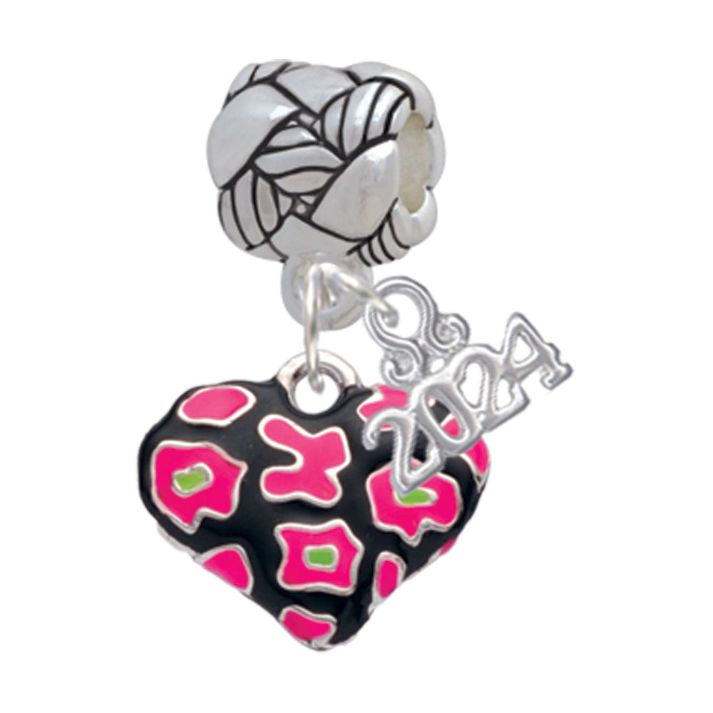 Delight Jewelry Silvertone Enamel Cheetah Print Heart Woven Rope Charm Bead Dangle with Year 2024 Image 1