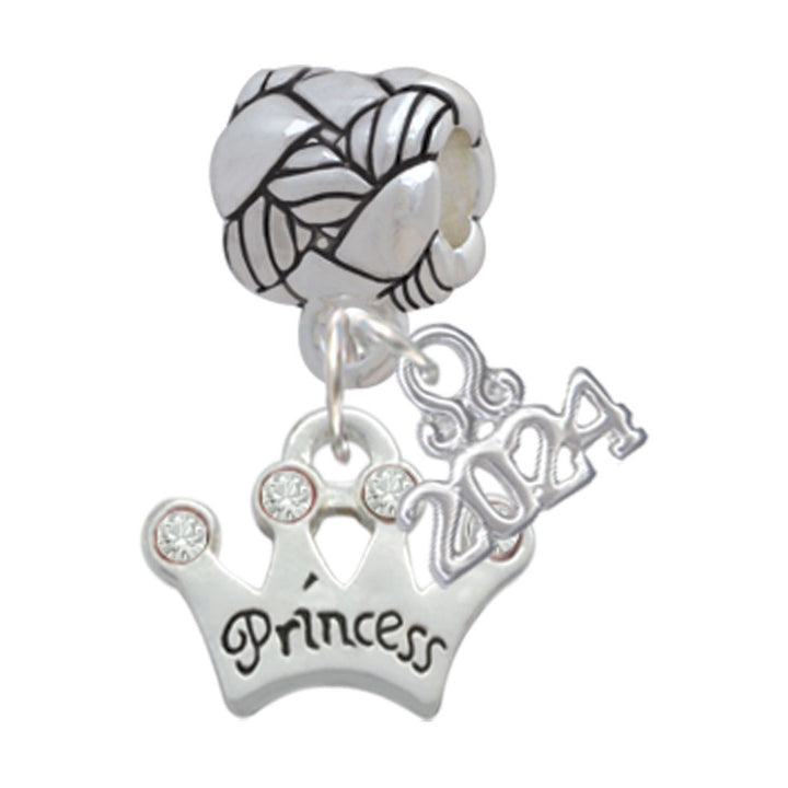 Delight Jewelry Silvertone Small Princess Crown with Crystals Woven Rope Charm Bead Dangle with Year 2024 Image 1