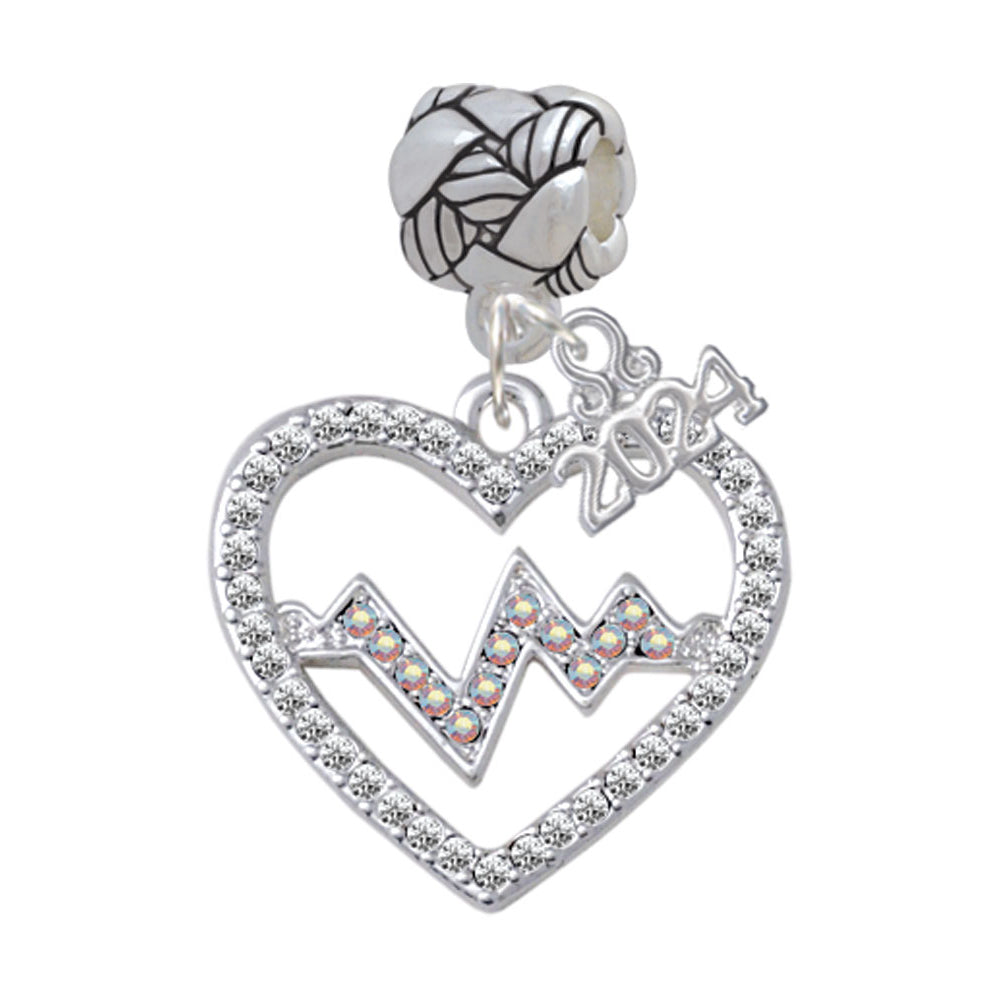 Delight Jewelry Silvertone Large Crystal Heart with Heartbeat Woven Rope Charm Bead Dangle with Year 2024 Image 1