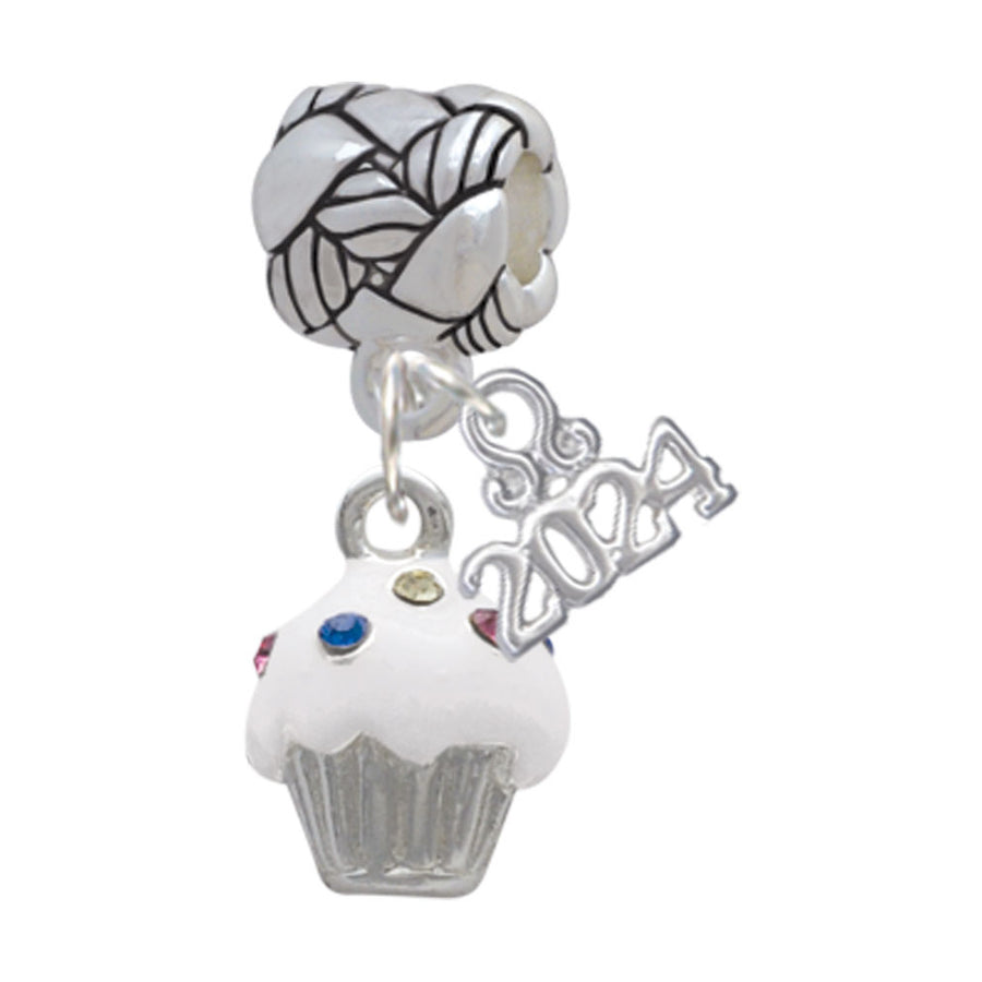 Delight Jewelry Silvertone Small Cupcake with Crystal Sprinkles Woven Rope Charm Bead Dangle with Year 2024 Image 1