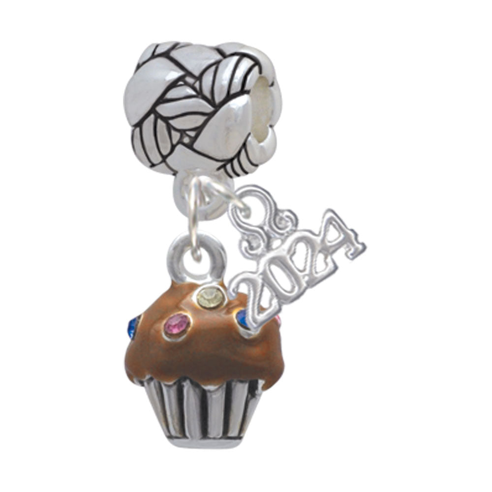 Delight Jewelry Silvertone Small Cupcake with Crystal Sprinkles Woven Rope Charm Bead Dangle with Year 2024 Image 4