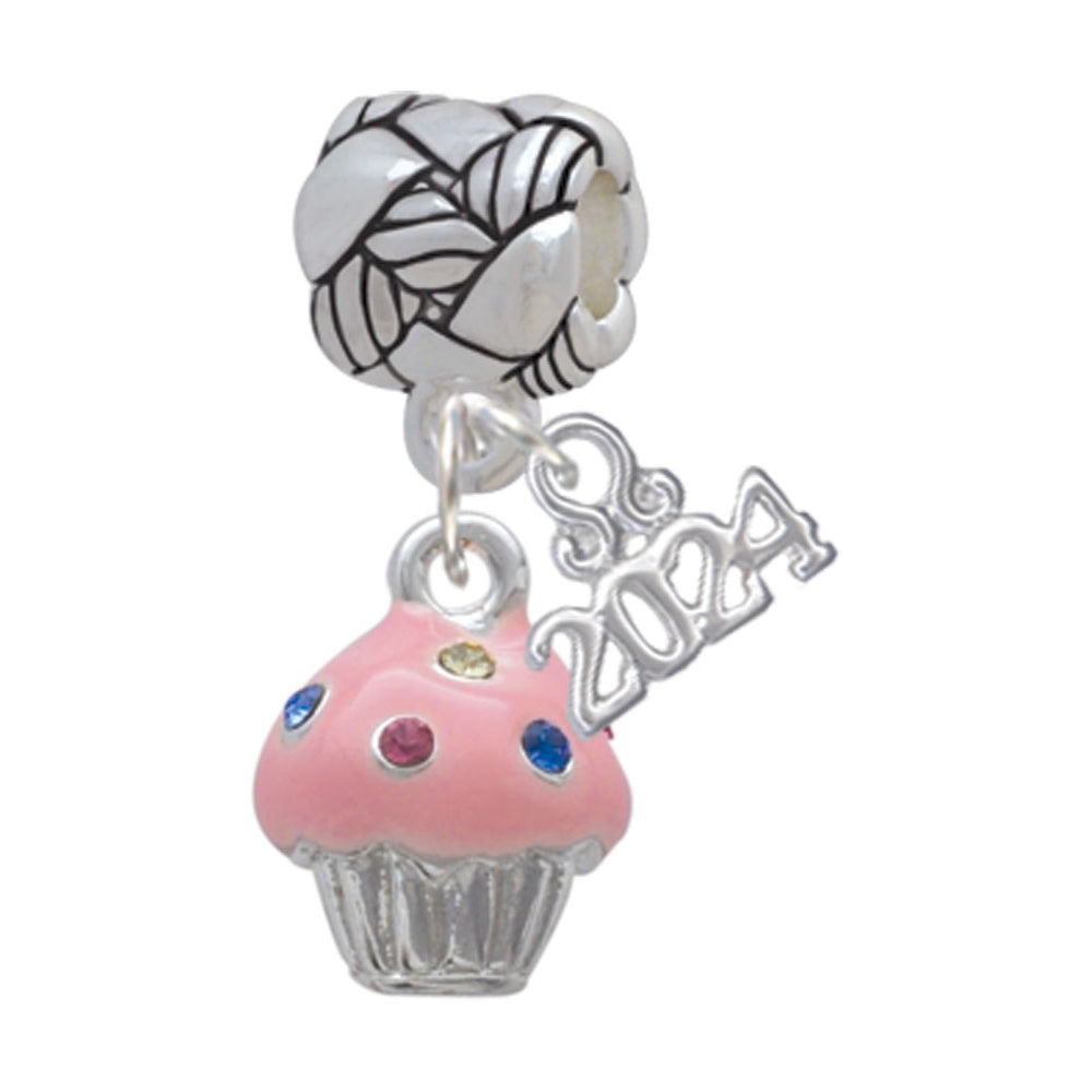 Delight Jewelry Silvertone Small Cupcake with Crystal Sprinkles Woven Rope Charm Bead Dangle with Year 2024 Image 1