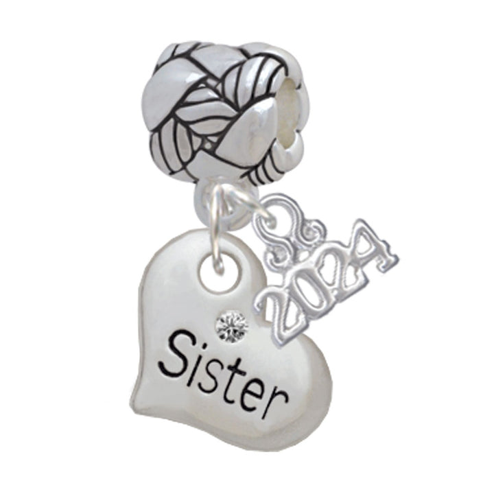 Delight Jewelry Silvertone Small Family Heart with Clear Crystal Woven Rope Charm Bead Dangle with Year 2024 Image 3