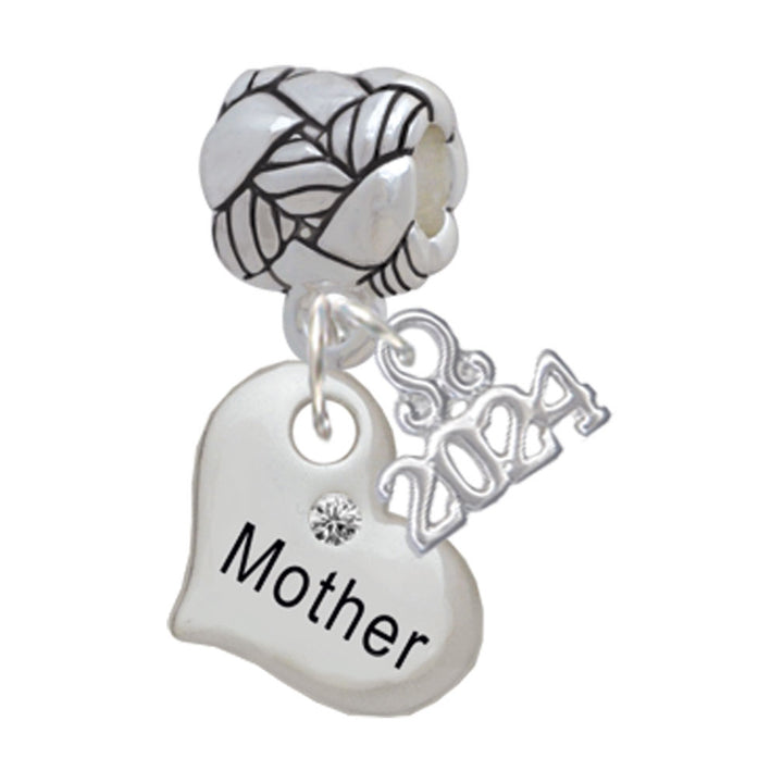 Delight Jewelry Silvertone Small Family Heart with Clear Crystal Woven Rope Charm Bead Dangle with Year 2024 Image 4