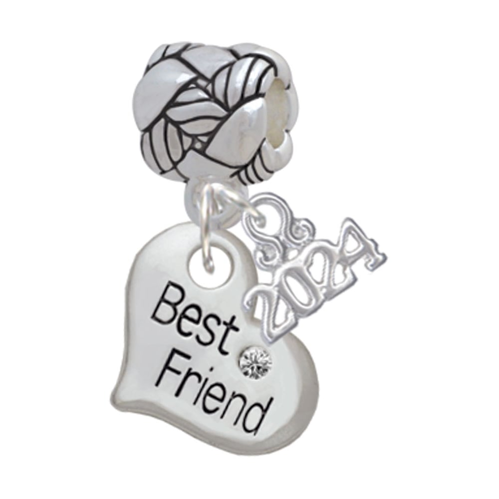 Delight Jewelry Silvertone Small Family Heart with Clear Crystal Woven Rope Charm Bead Dangle with Year 2024 Image 1