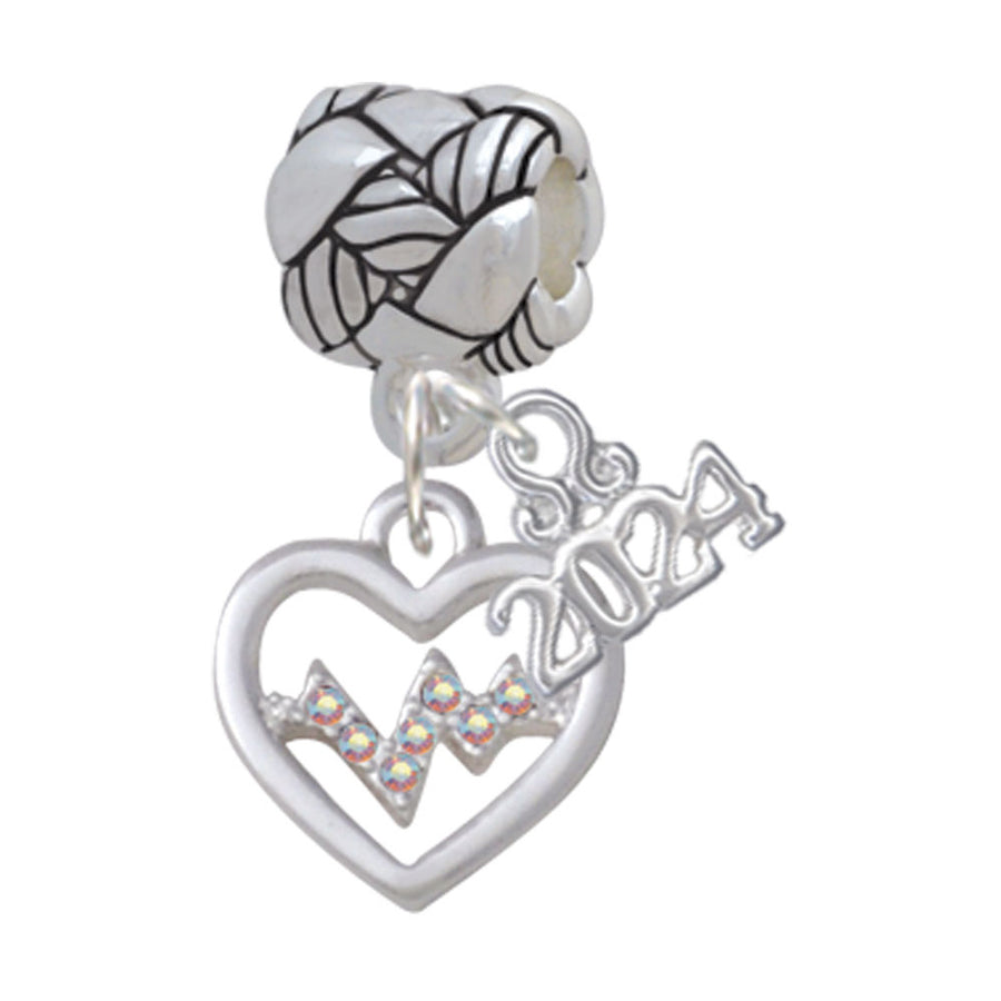 Delight Jewelry Silvertone Heart with Crystal Heartbeat Woven Rope Charm Bead Dangle with Year 2024 Image 1