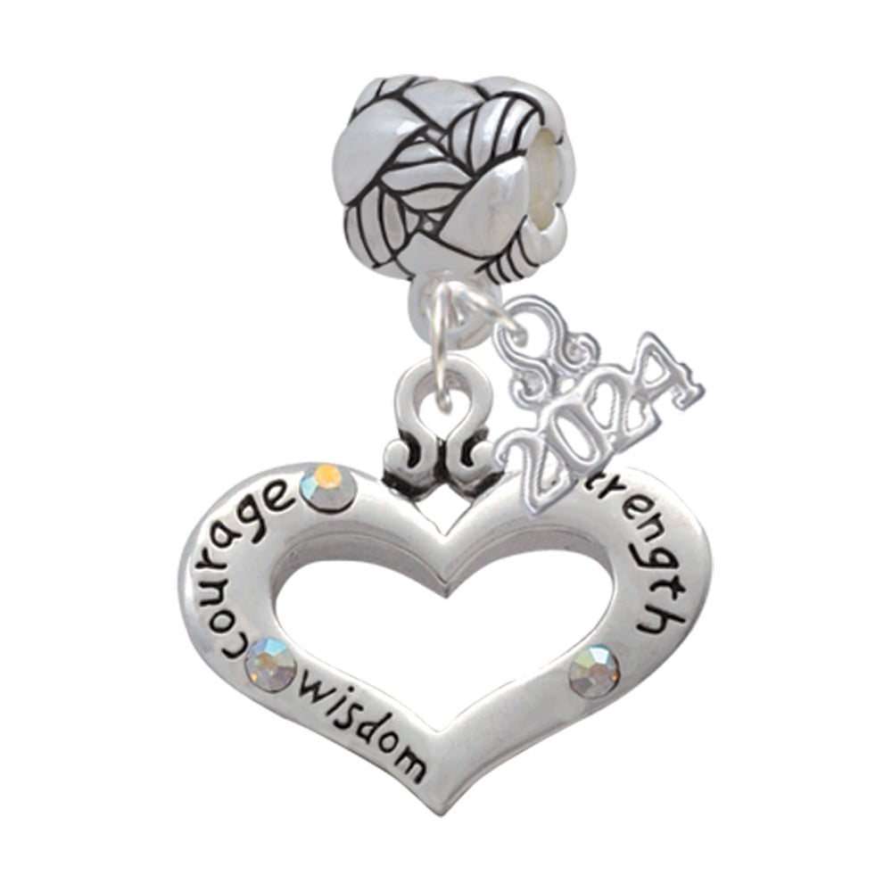 Delight Jewelry Silvertone Message Heart with 3 AB Crystals Woven Rope Charm Bead Dangle with Year 2024 Image 1