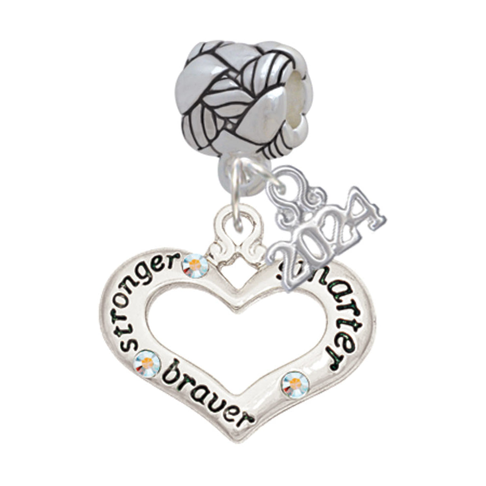 Delight Jewelry Silvertone Message Heart with 3 AB Crystals Woven Rope Charm Bead Dangle with Year 2024 Image 7