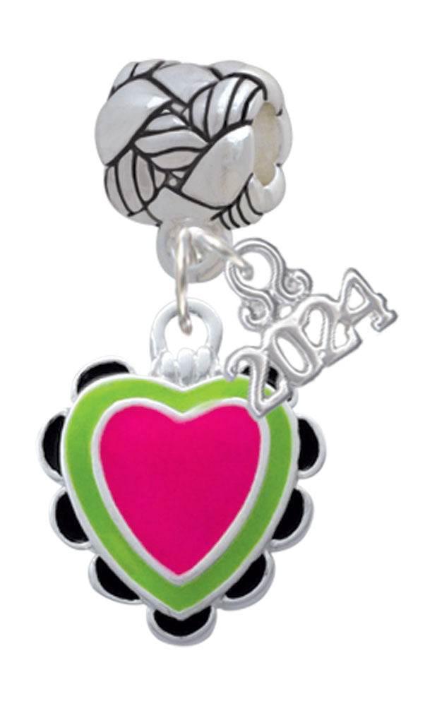 Delight Jewelry Silvertone Enamel Heart with Ruffles Woven Rope Charm Bead Dangle with Year 2024 Image 1