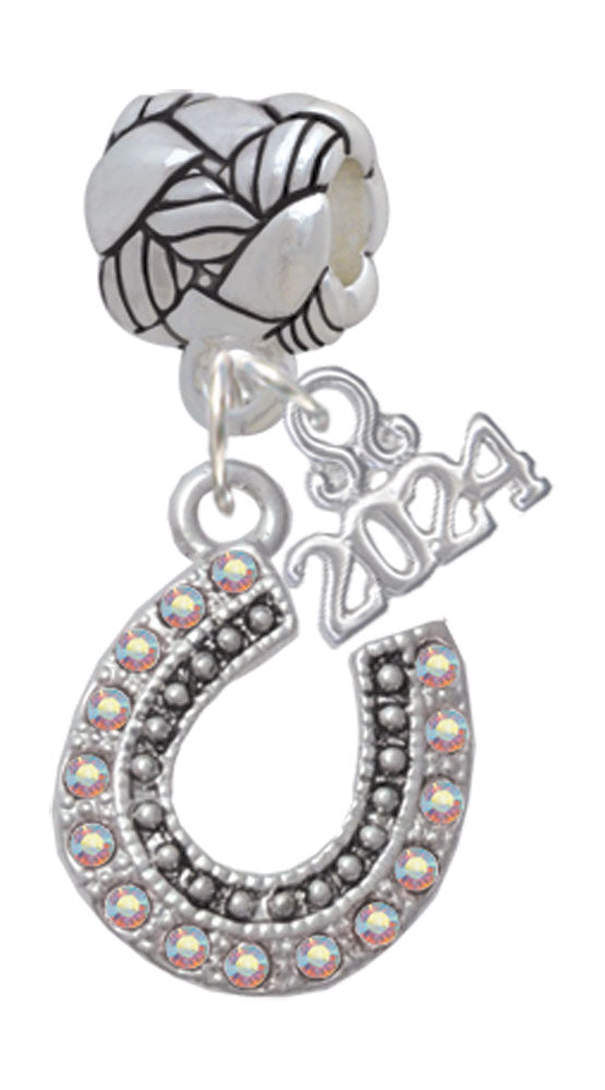 Delight Jewelry Silvertone Beaded Crystal Horseshoe with Good Luck Woven Rope Charm Bead Dangle with Year 2024 Image 1