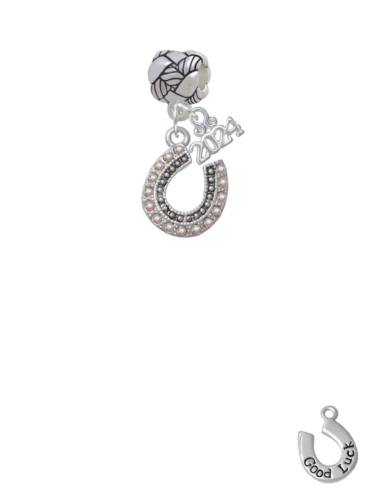 Delight Jewelry Silvertone Beaded Crystal Horseshoe with Good Luck Woven Rope Charm Bead Dangle with Year 2024 Image 2