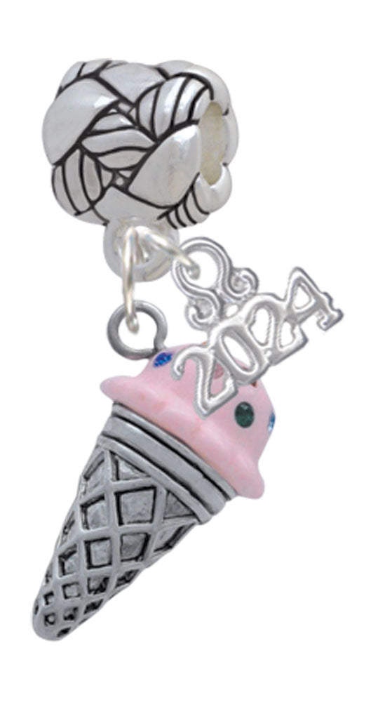 Delight Jewelry Silvertone 3-D Resin Ice Cream Cone with Crystals Woven Rope Charm Bead Dangle with Year 2024 Image 1