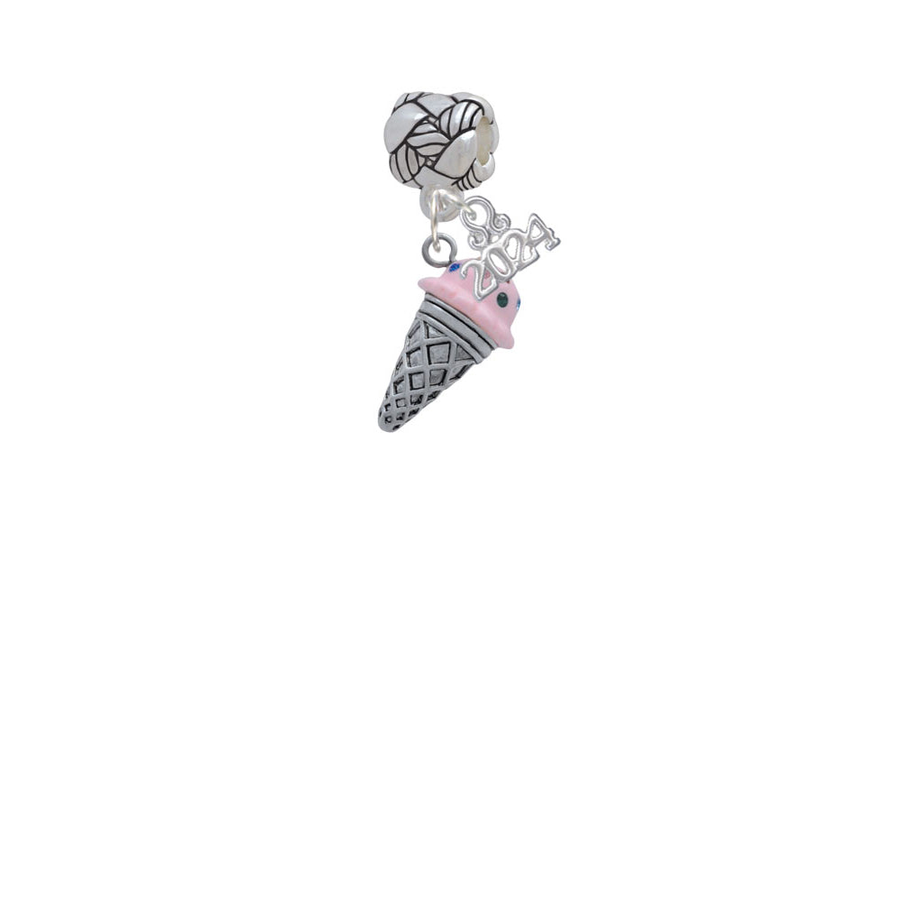 Delight Jewelry Silvertone 3-D Resin Ice Cream Cone with Crystals Woven Rope Charm Bead Dangle with Year 2024 Image 2