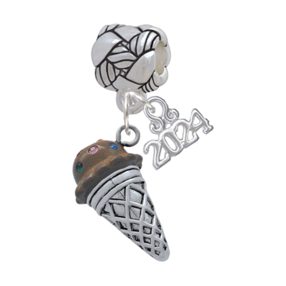 Delight Jewelry Silvertone 3-D Resin Ice Cream Cone with Crystals Woven Rope Charm Bead Dangle with Year 2024 Image 1